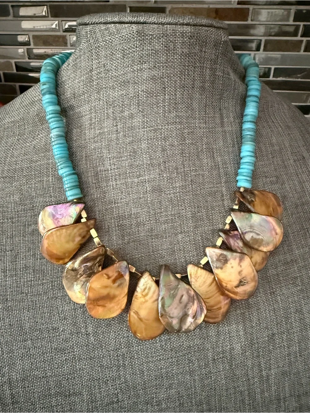 Iridescent Abalone Shell Turquoise Bead Statement Bib Necklace Gold 18” Unique